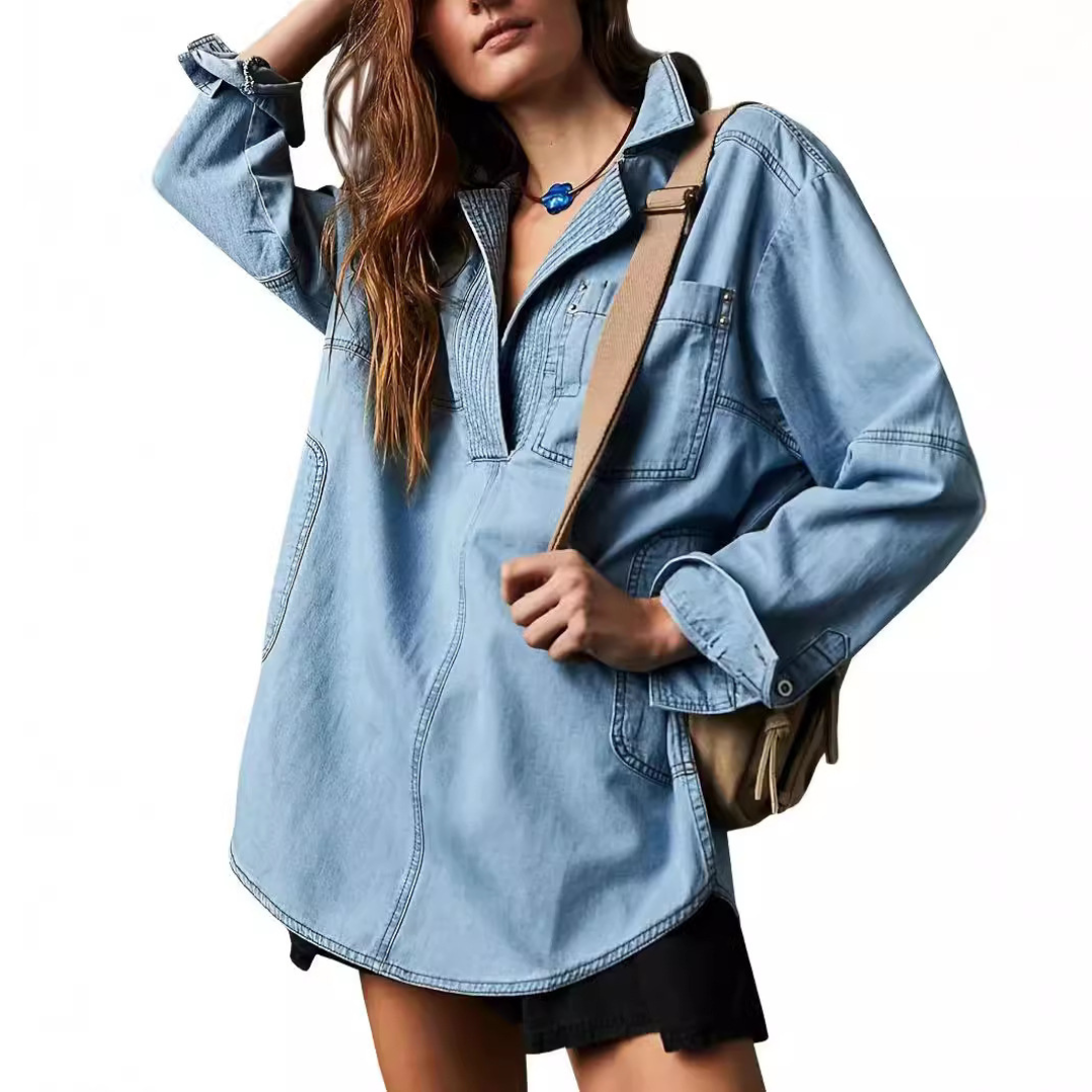 NALINAE™ – Chic V-Neck Denim Tunic Top
