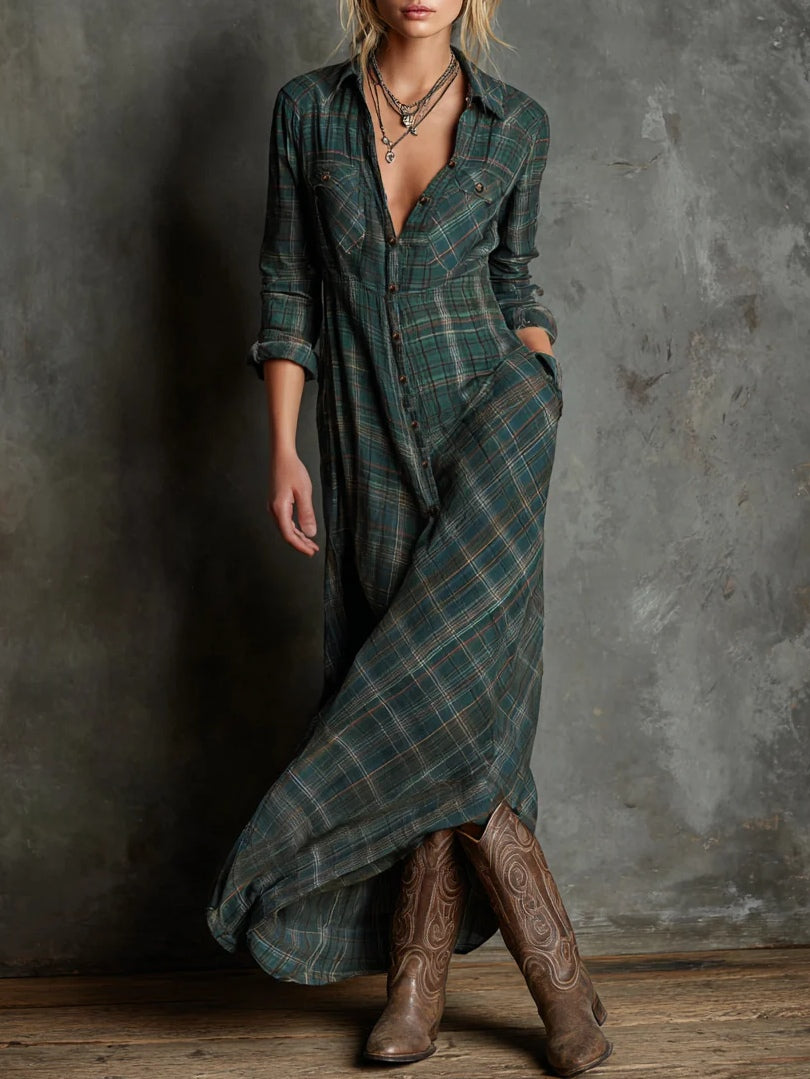 Selma | Maxi Kleid Mit Grün Kariertem Revers